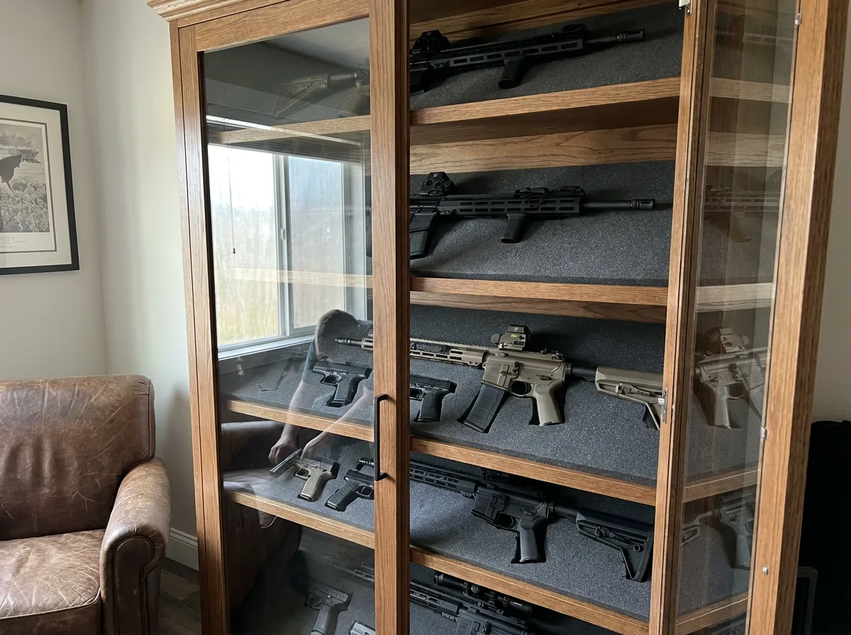 Firearm collection displayed in cabinet with foam-lined shelves and natural window lighting