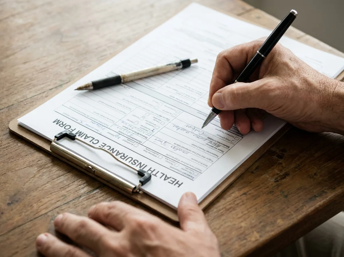 Hands completing an insurance claim form on a clipboard with pen