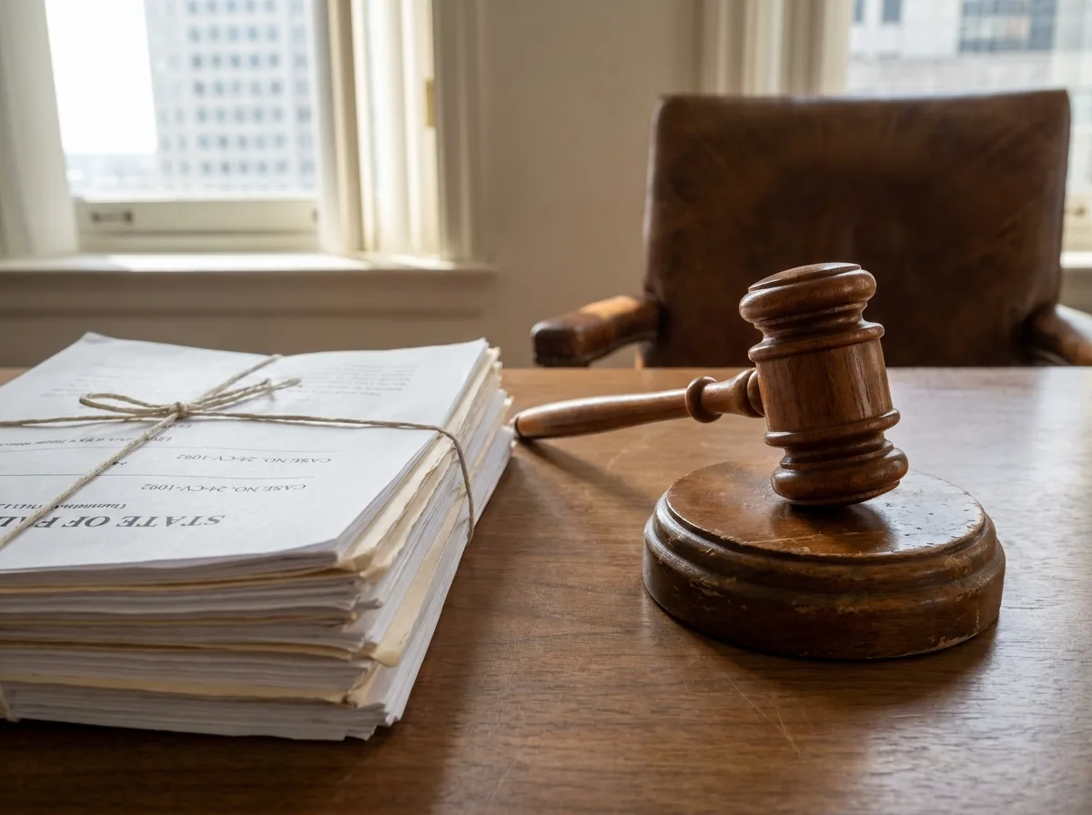 Wooden gavel next to stacked legal documents on desk with natural window light
