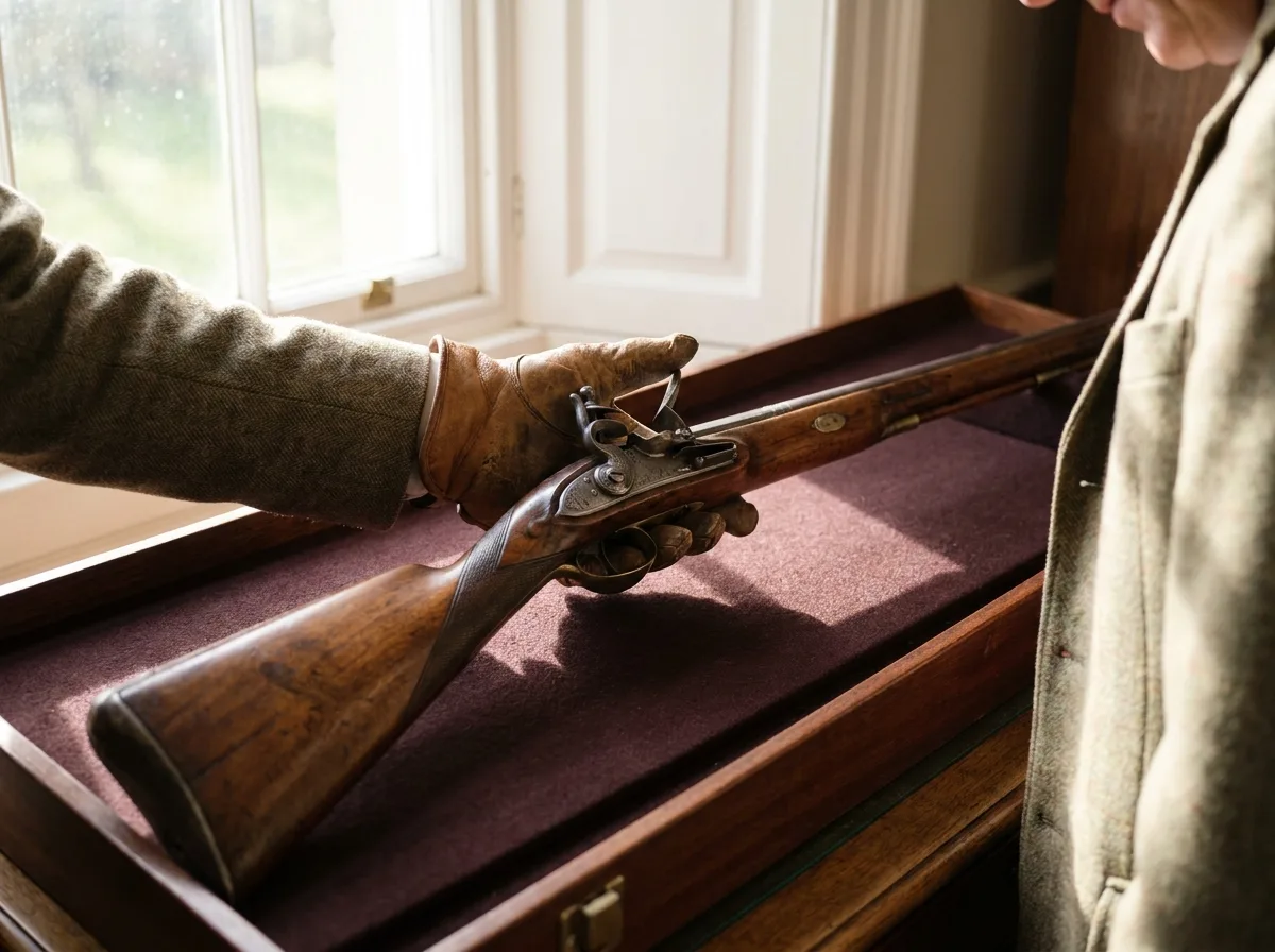 Gloved hand inspecting antique rifle on felt-lined display case near natural window light