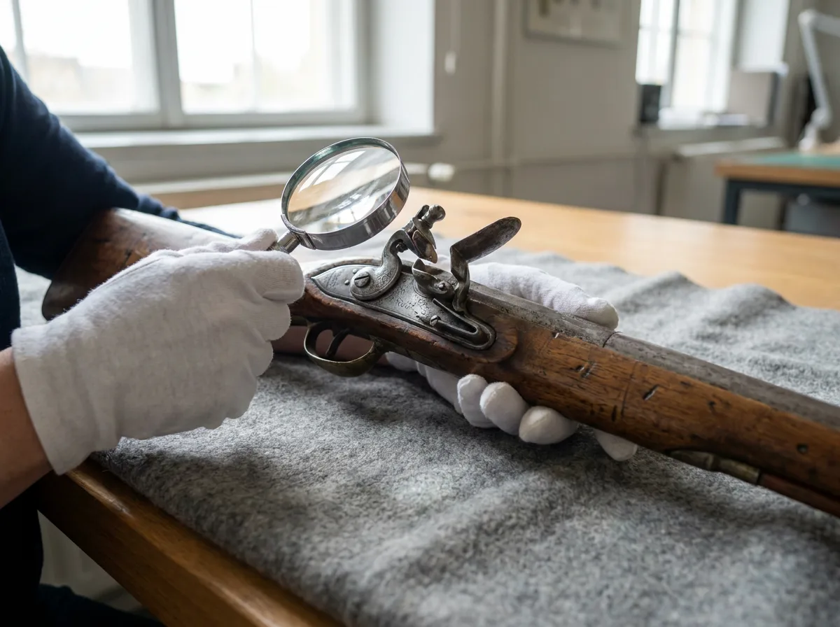 Gloved hands examining an antique rifle on a cloth-covered table