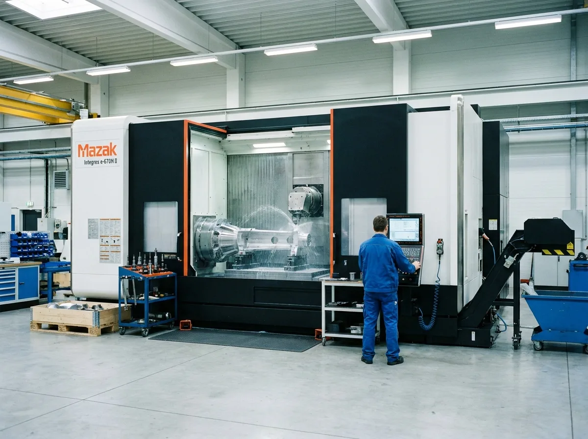 Large industrial CNC milling machine on clean factory floor under overhead lighting