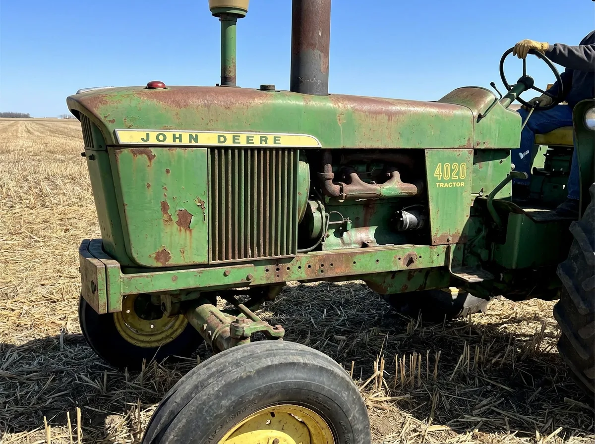 Weathered green tractor parked in open farm field under clear sky