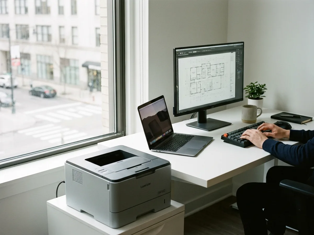 Modern office desk with laptop, monitor, keyboard, and printer by window with neutral lighting