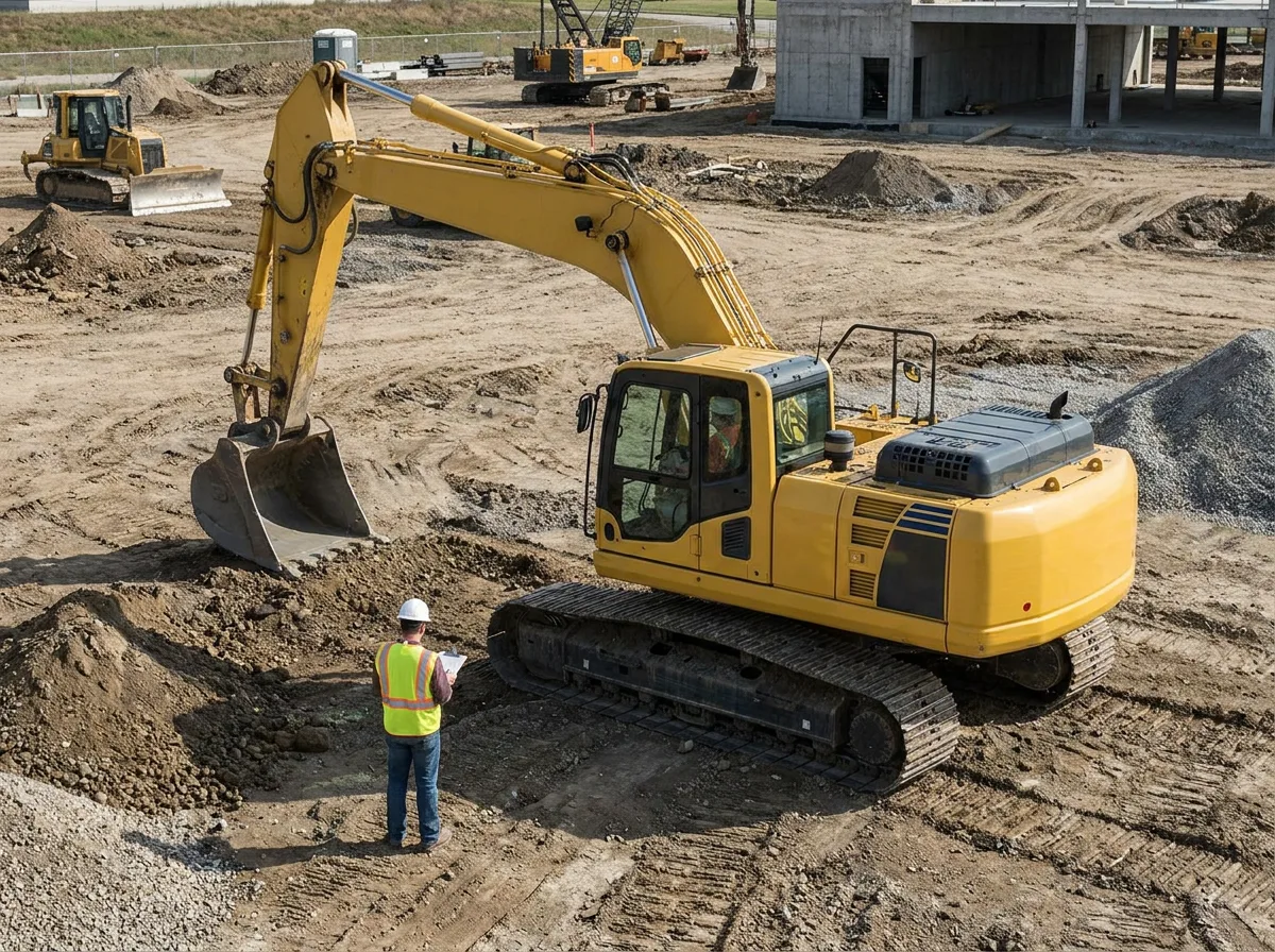 Yellow excavator parked on dirt construction site in daylight