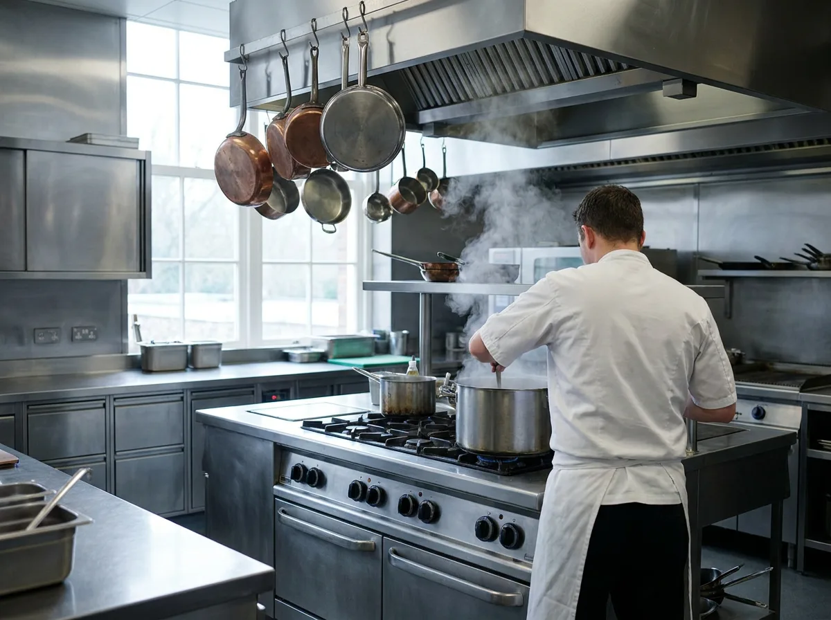Stainless steel commercial kitchen with large range and steam rising from stovetop pot