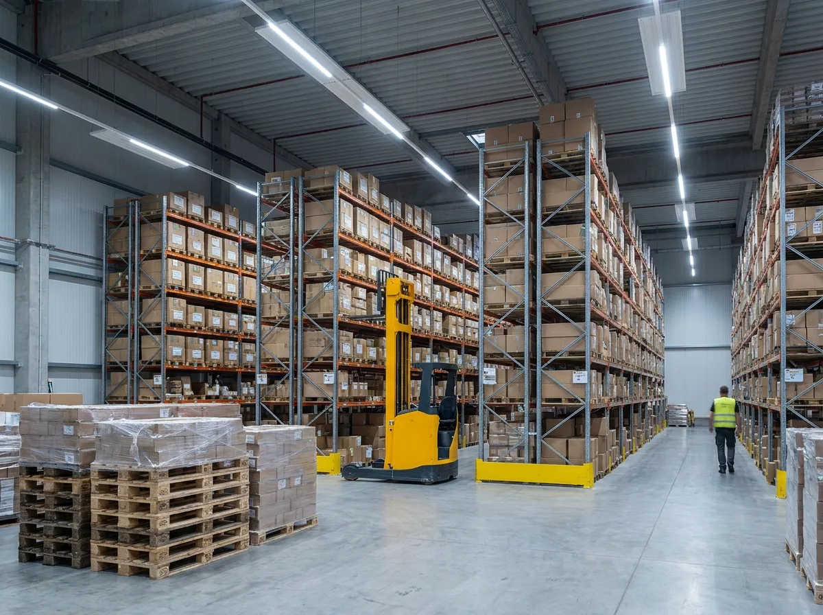 Modern warehouse interior with organized shelving, parked forklift, and stacked pallets under overhead lighting