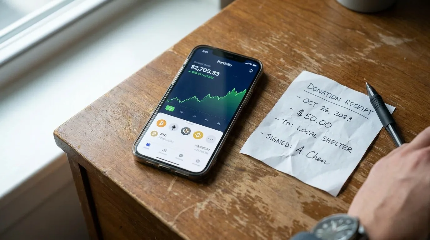 Smartphone showing cryptocurrency portfolio chart with pen and donation receipt on desk