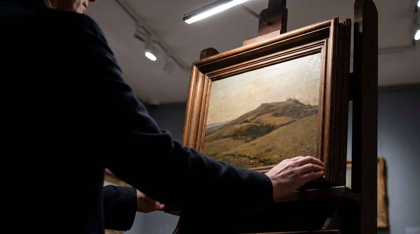 Hands adjusting framed painting on easel under gallery lighting