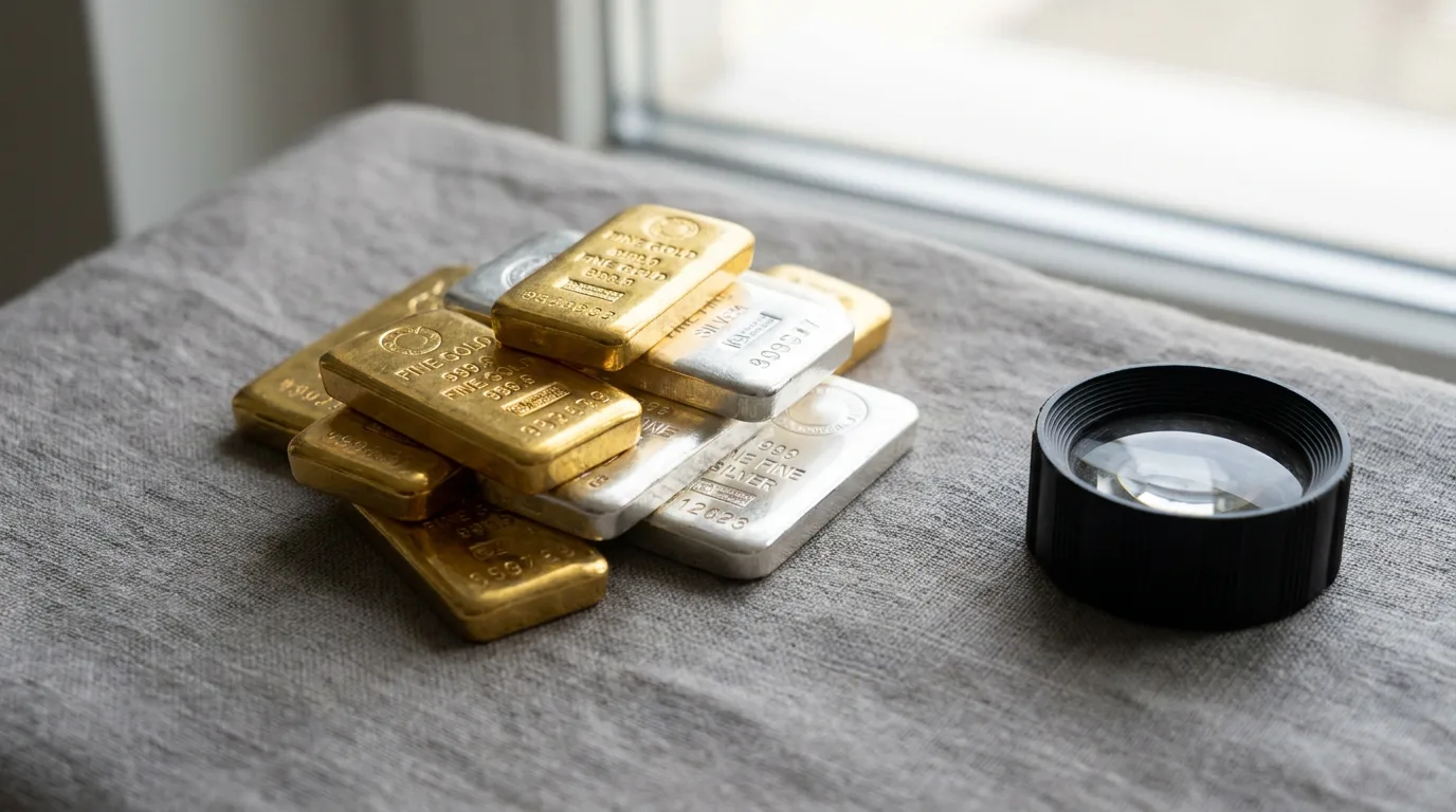 Stacked gold and silver bullion bars with jeweler's loupe on neutral surface