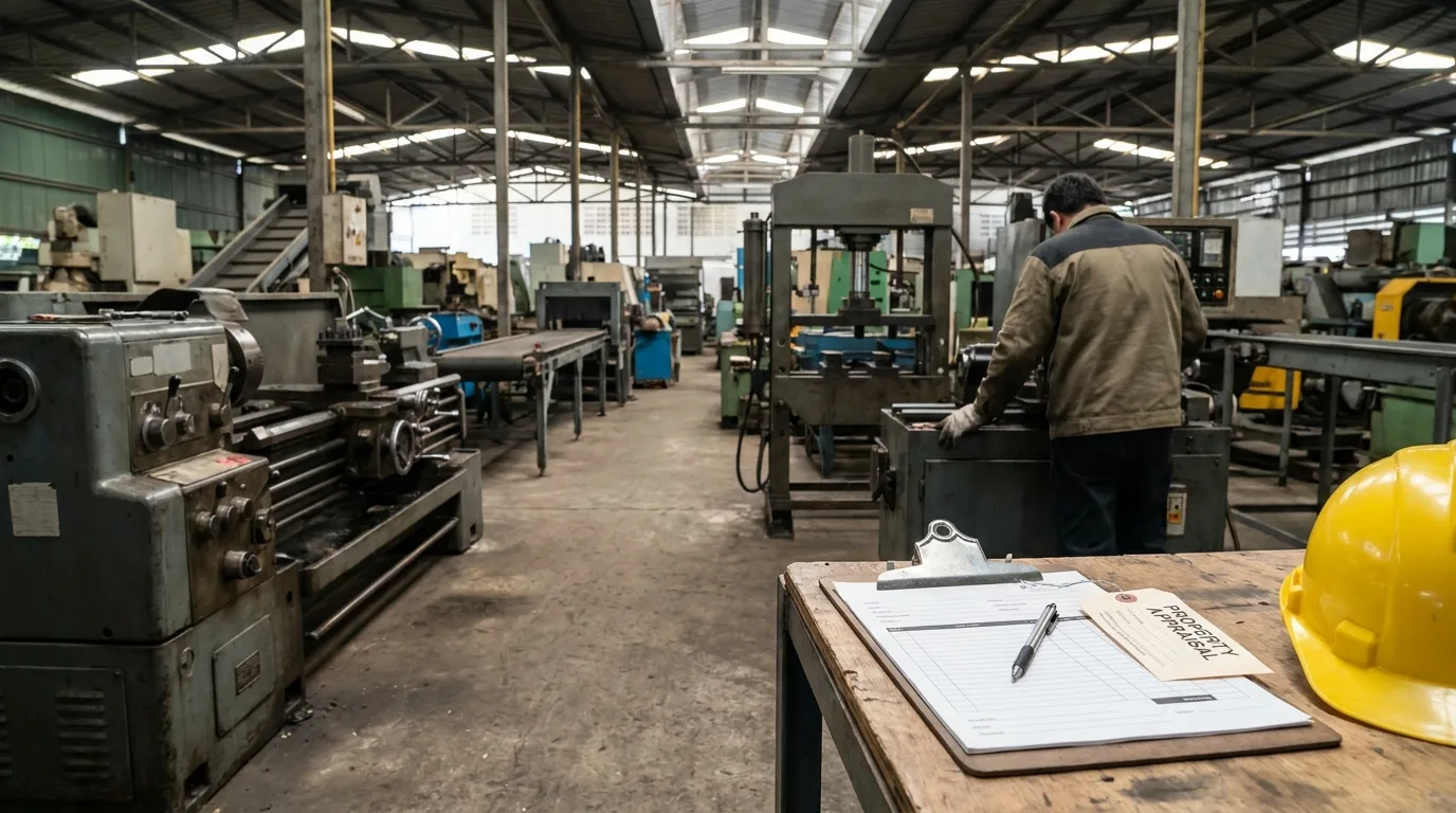 Industrial machinery and equipment in warehouse with appraisal clipboard