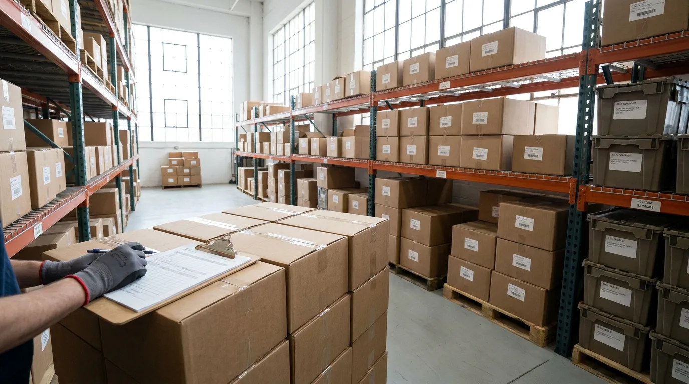 Organized warehouse shelves and stacked boxes with clipboard and pen for inventory review