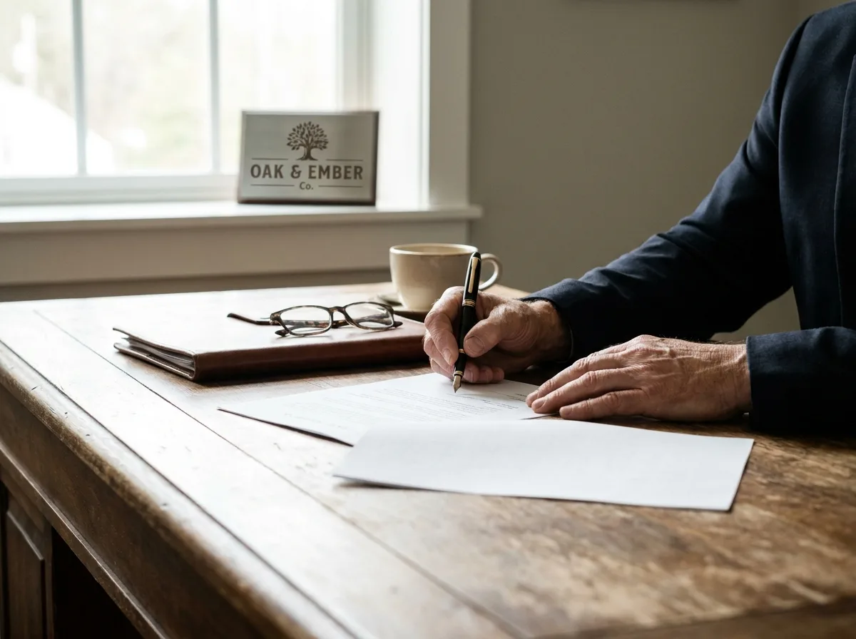 Business owner signing documents at wooden desk with company logo plaque visible