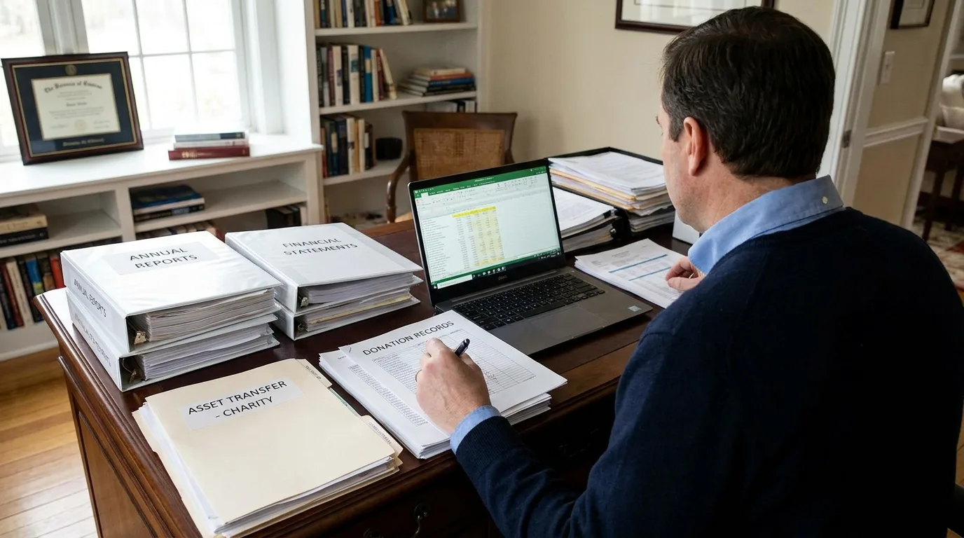 Business owner reviewing financial documents and company reports at desk for asset donation