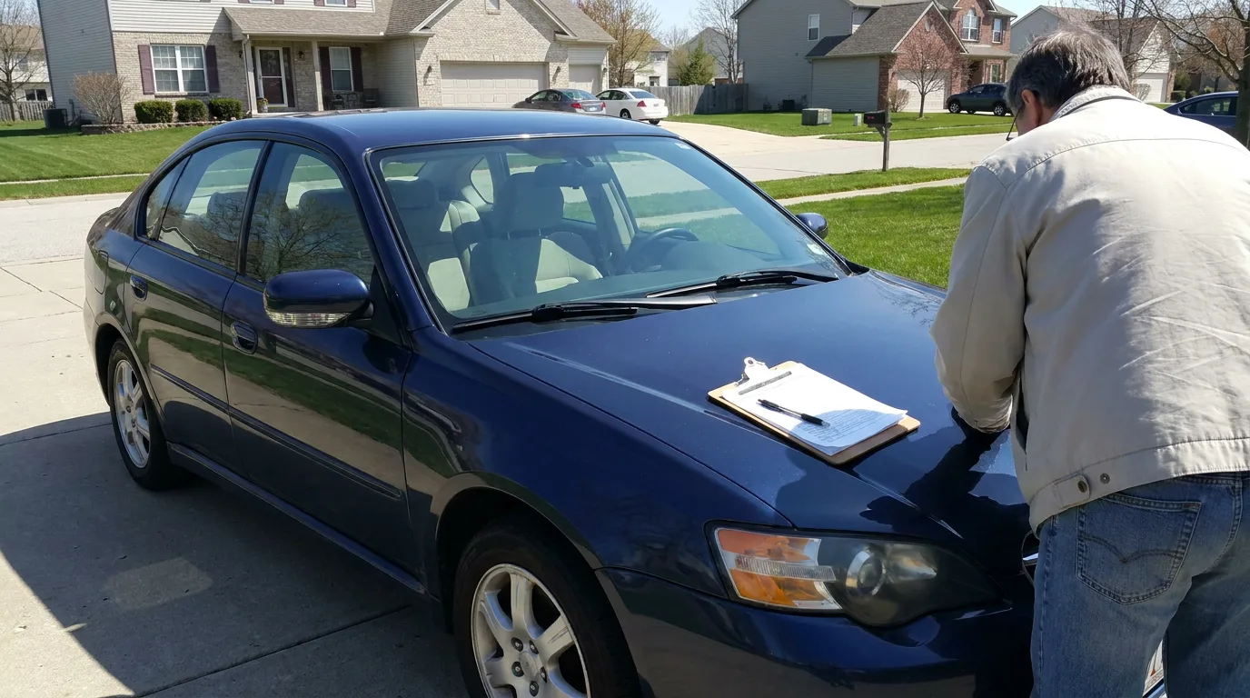 Sedan parked in driveway with appraisal clipboard on hood in daylight