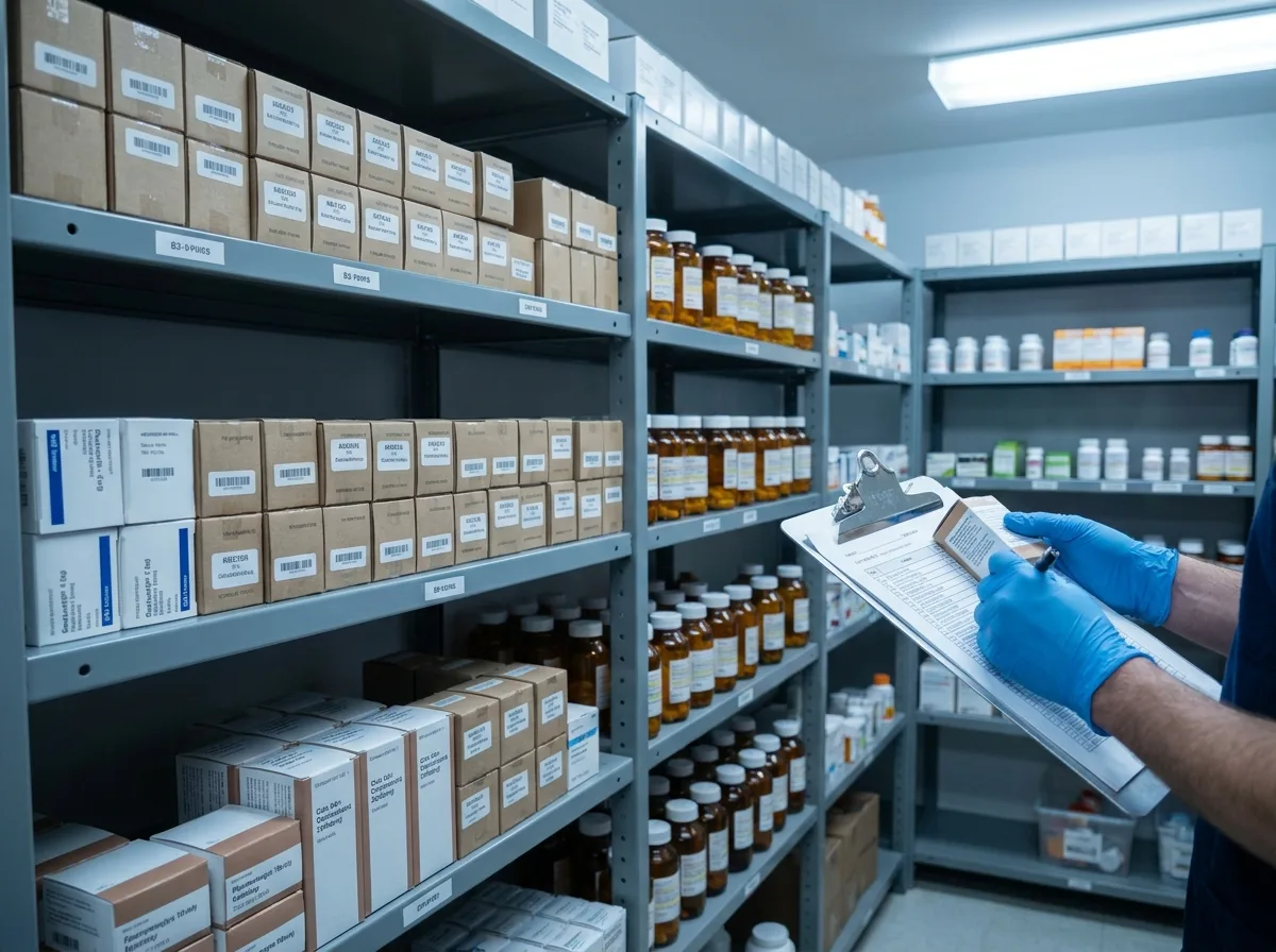 Pharmacist in gloves checking inventory on clipboard among organized medicine shelves