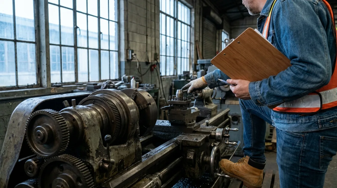 Certified appraiser examining industrial machinery in workshop with clipboard