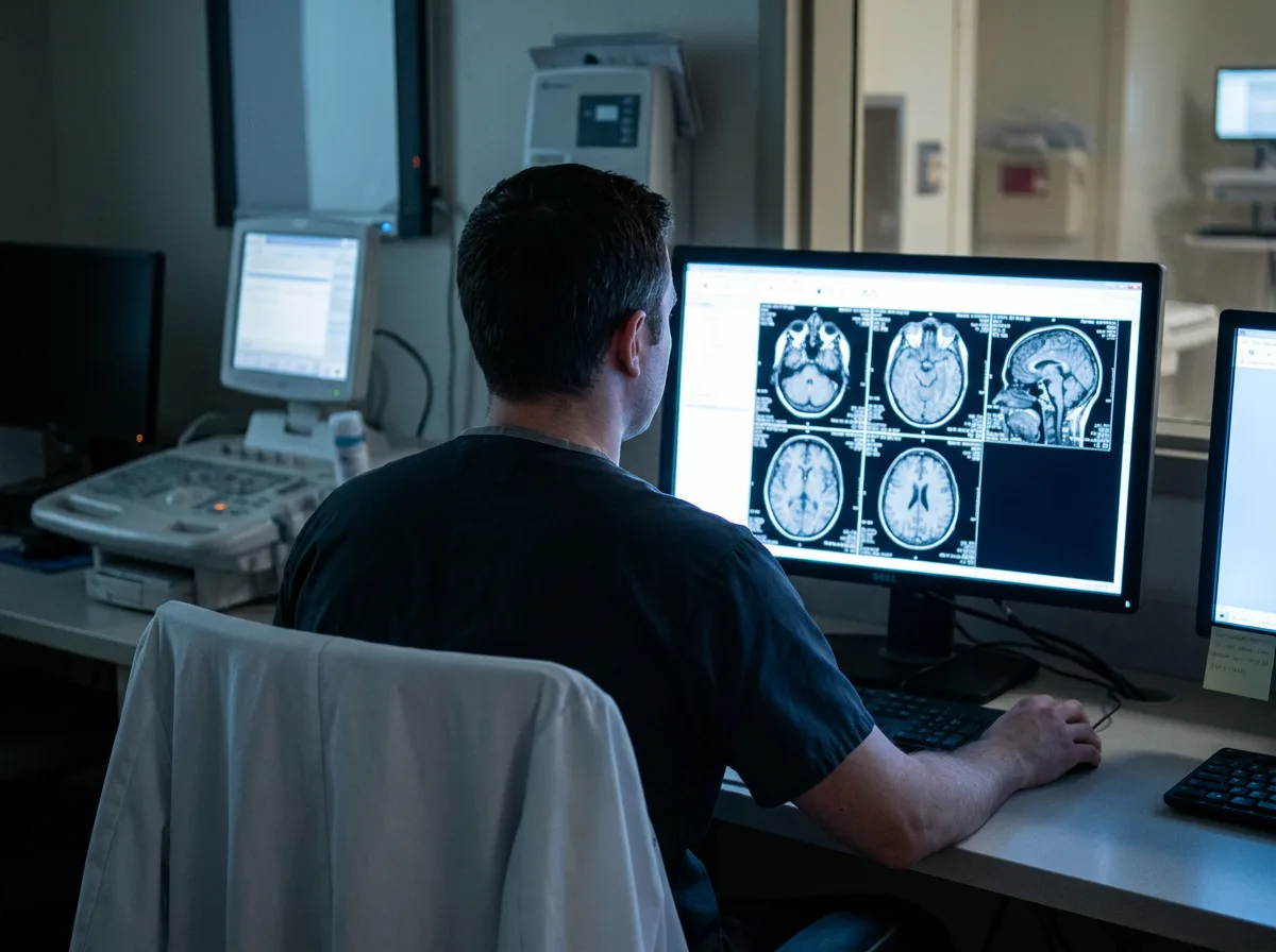 Radiologist examining MRI scan on lightbox monitor in hospital imaging room