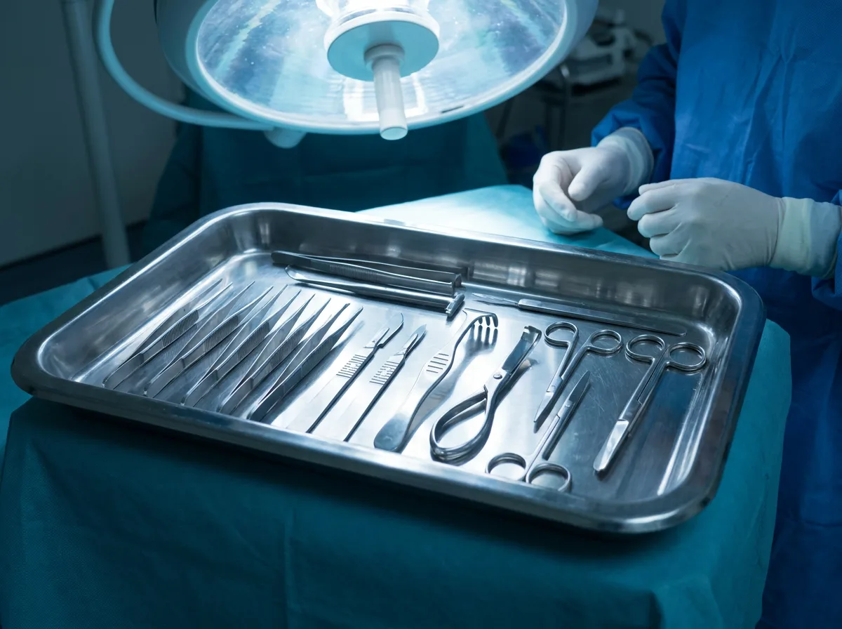 Stainless steel surgical instruments arranged on a tray under operating room lighting