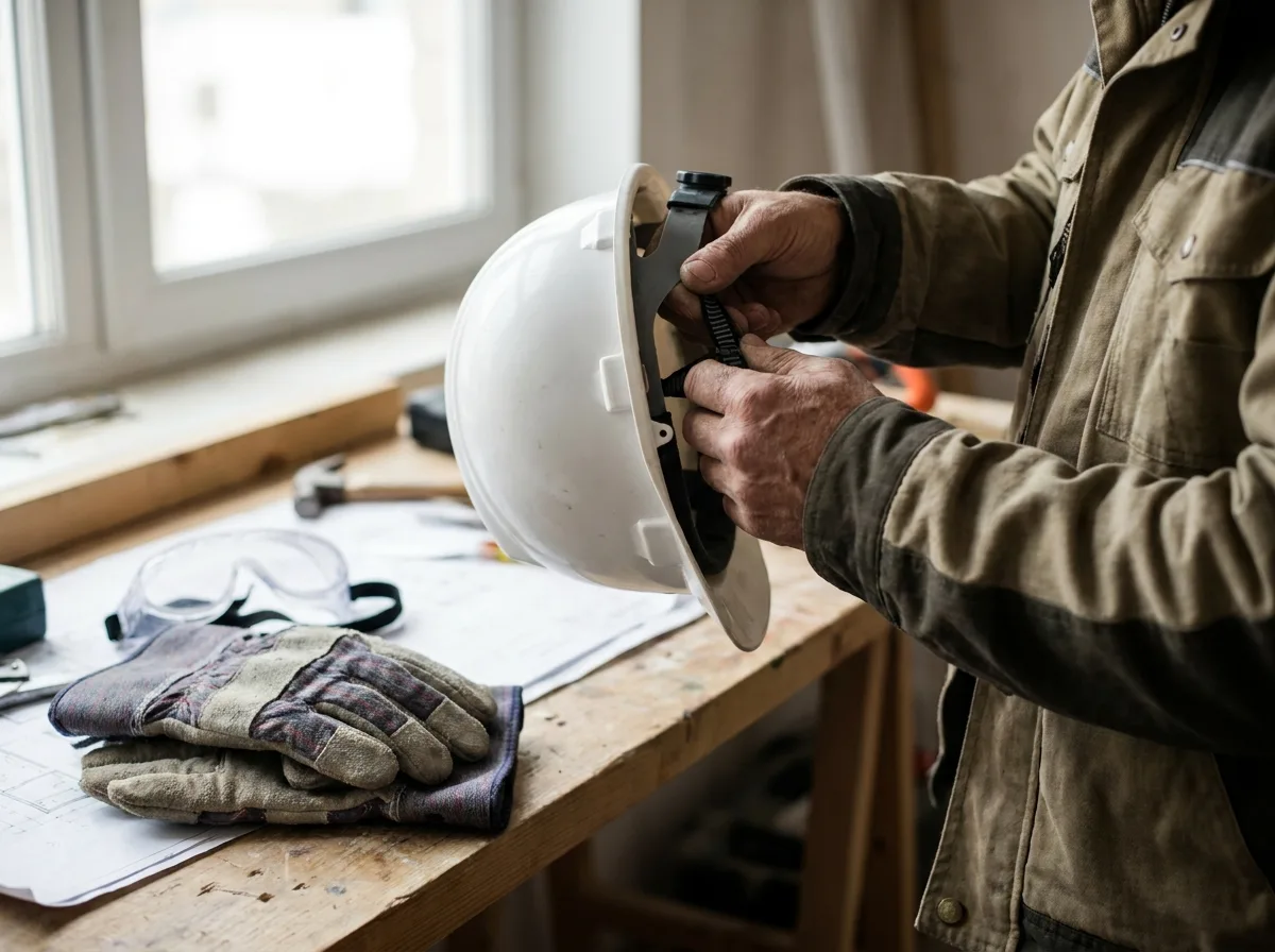 Construction worker fastening hard hat strap with gloves and safety goggles on workbench