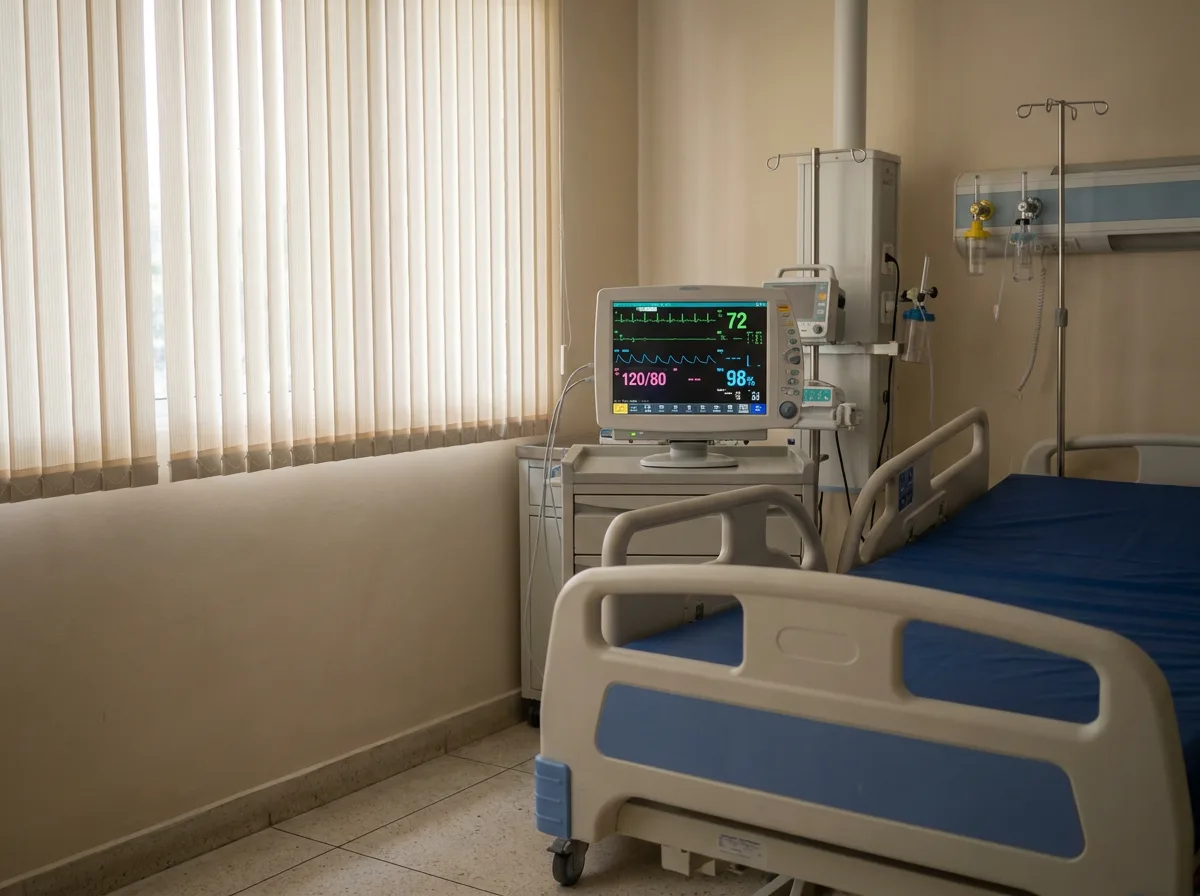 Hospital ICU room with patient monitor displaying vital signs beside empty bed and window with blinds
