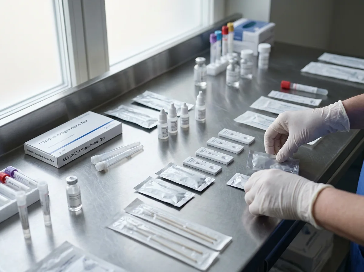 Organized medical diagnostic test kits and consumable supplies arranged on clinical countertop