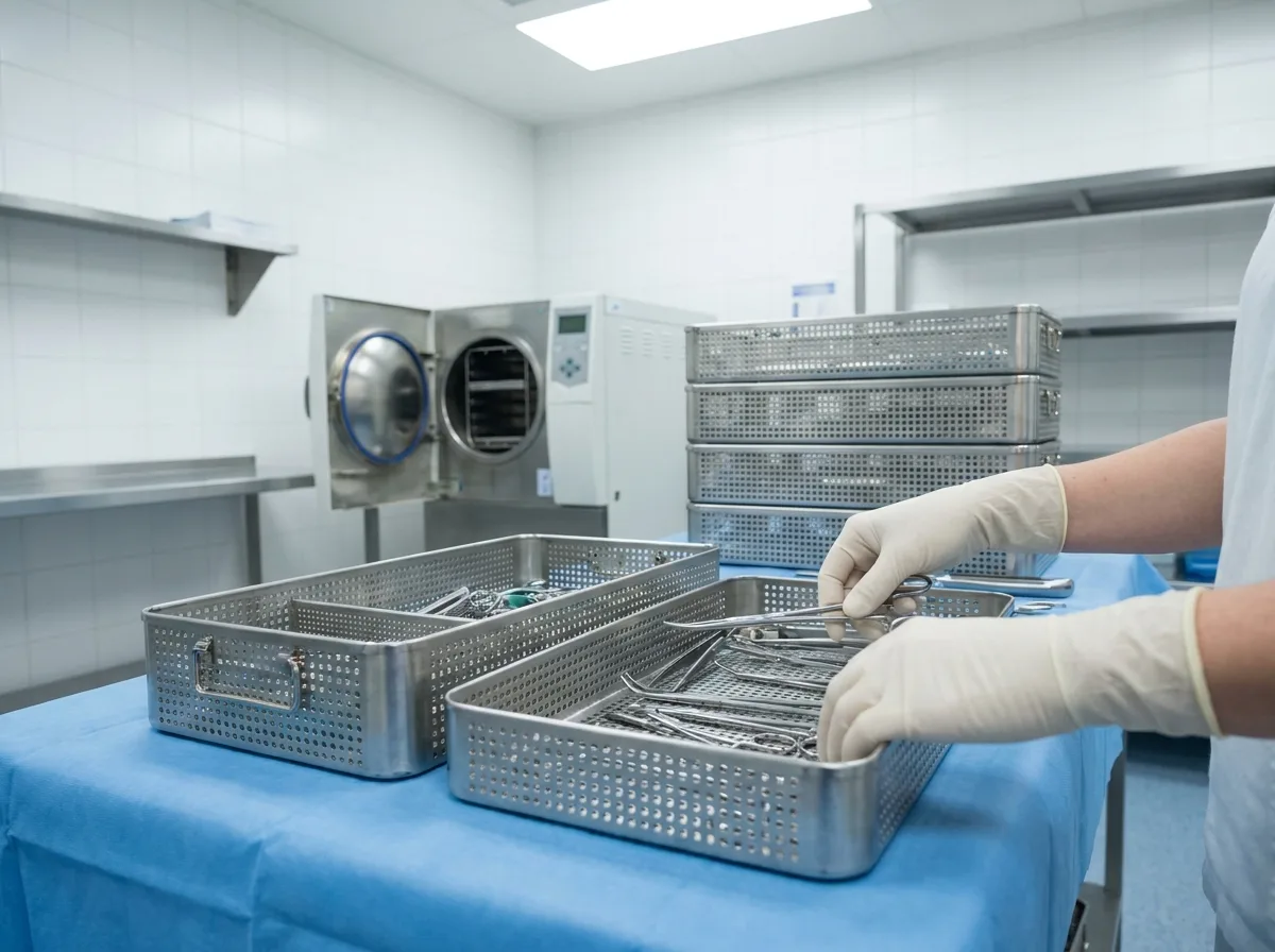 Hospital technician arranging surgical instruments in sterilization tray