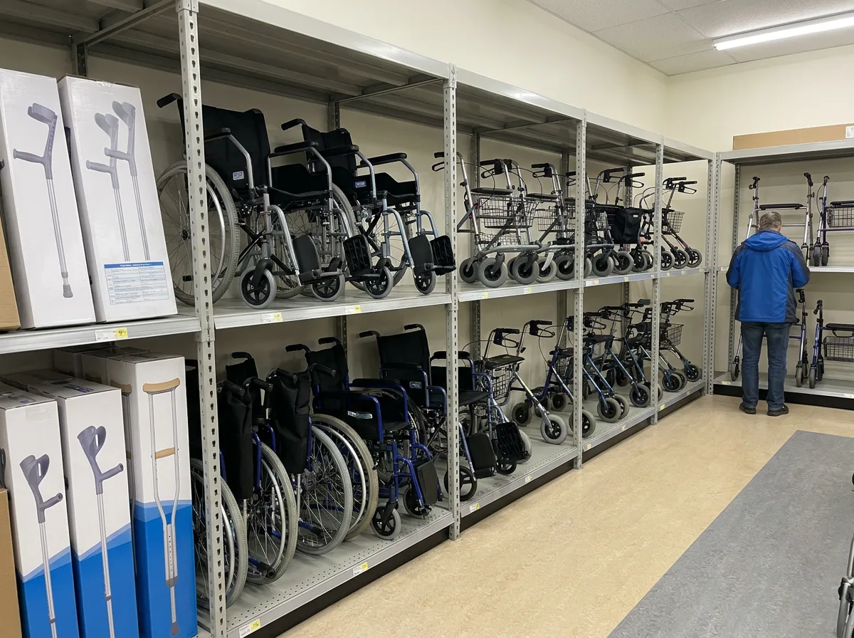 Medical supply store aisle displaying wheelchairs, walkers, and crutches on shelves