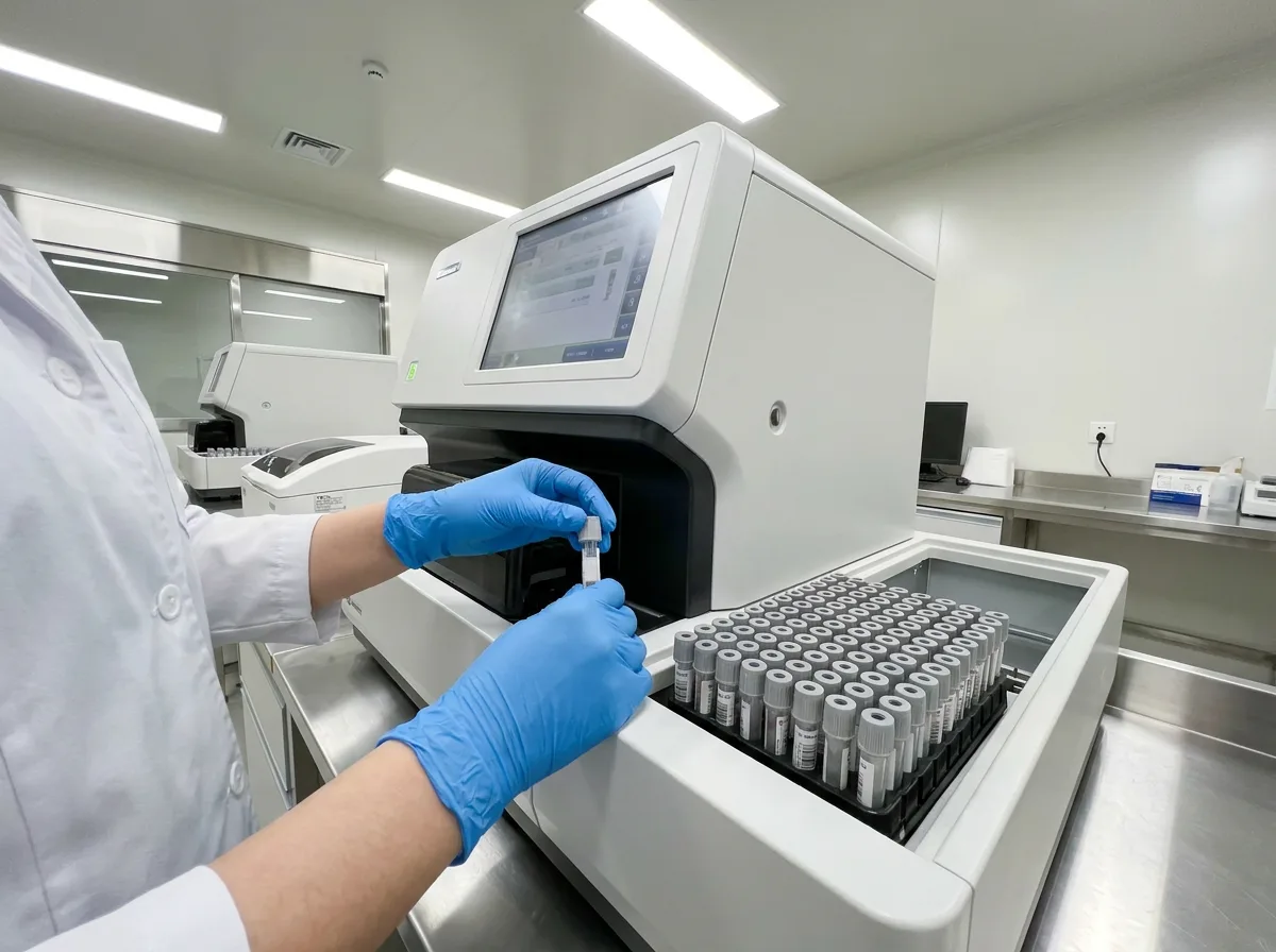 Technician in gloves operating diagnostic analyzer with sample vials in medical laboratory