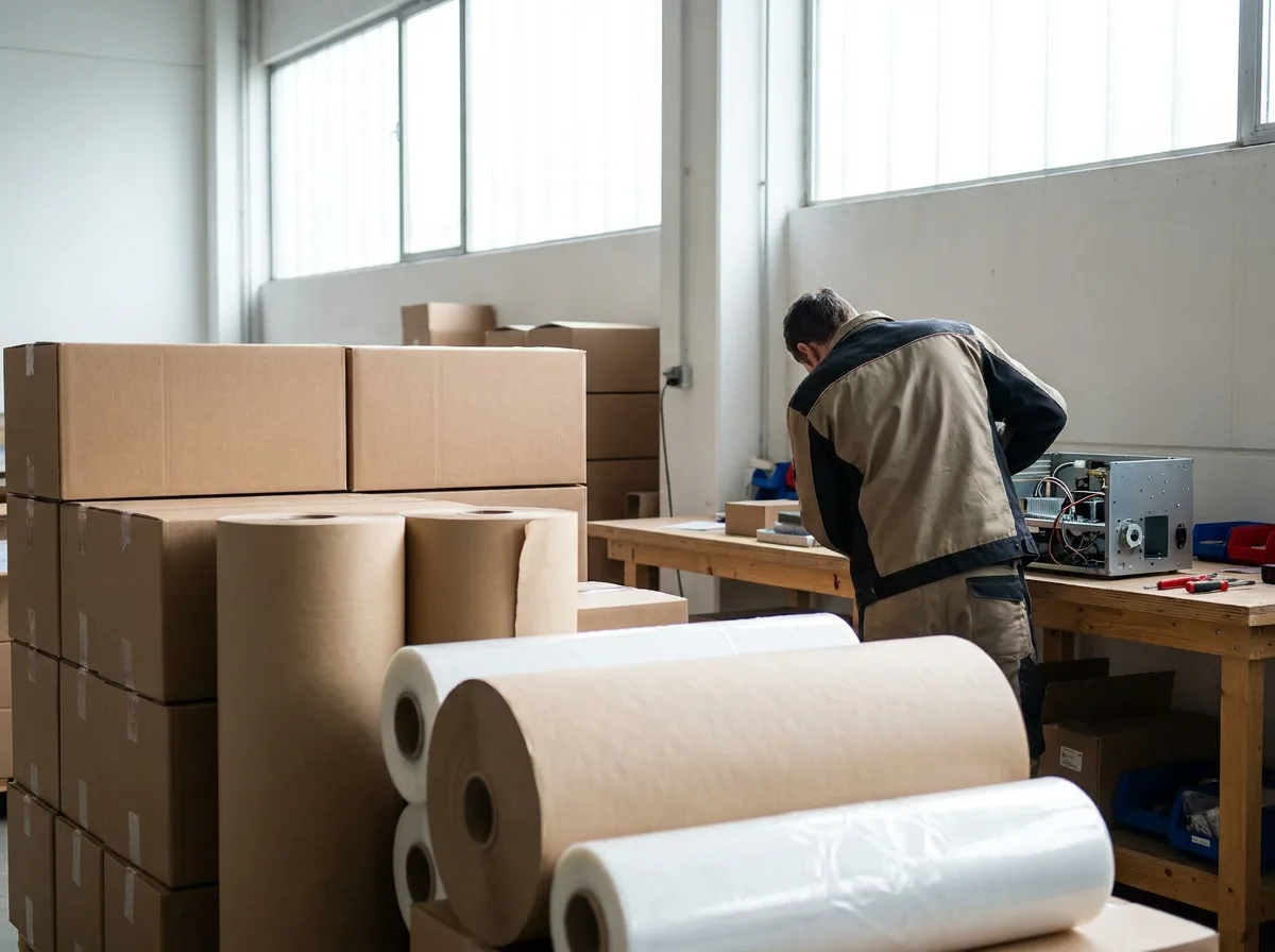 Stacked cardboard boxes and material rolls in warehouse with partially assembled product on workbench