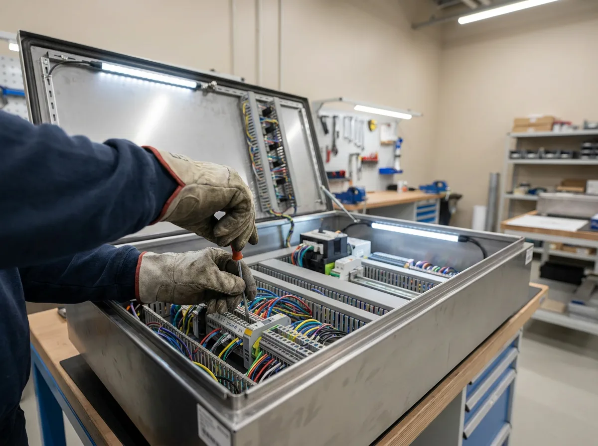 Technician in gloves adjusting wiring inside an electrical control panel