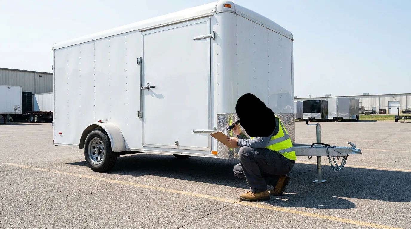Appraiser inspecting cargo trailer wheel and hitch with clipboard