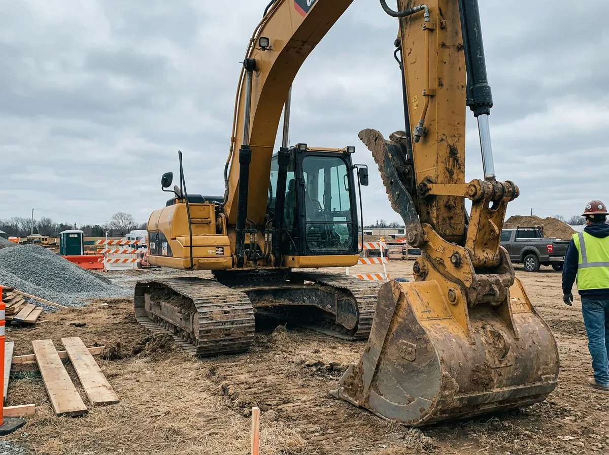Yellow excavator on dirt construction site in daylight