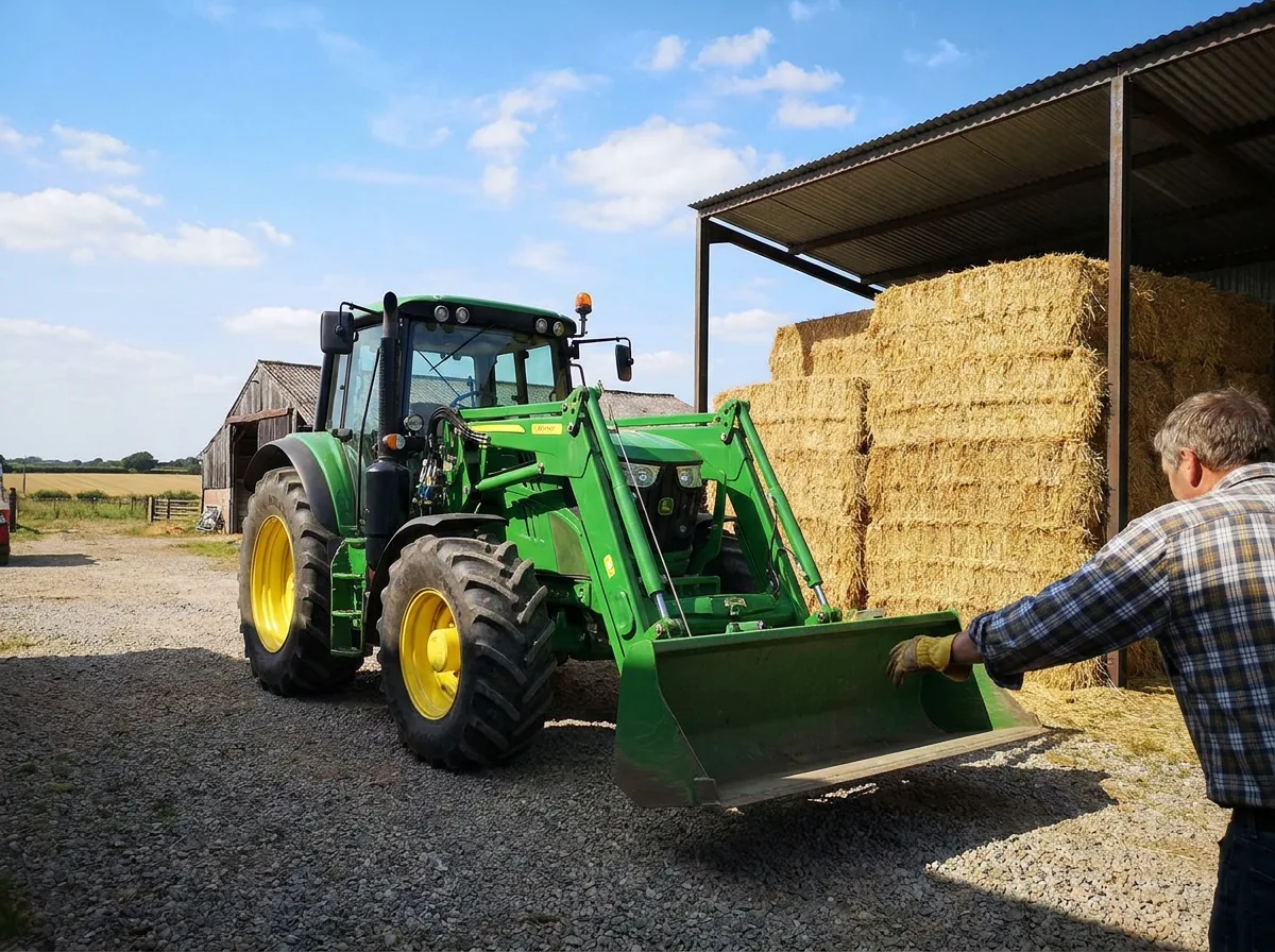 Modern tractor with front loader parked beside stacked hay bales in sunlit farmyard