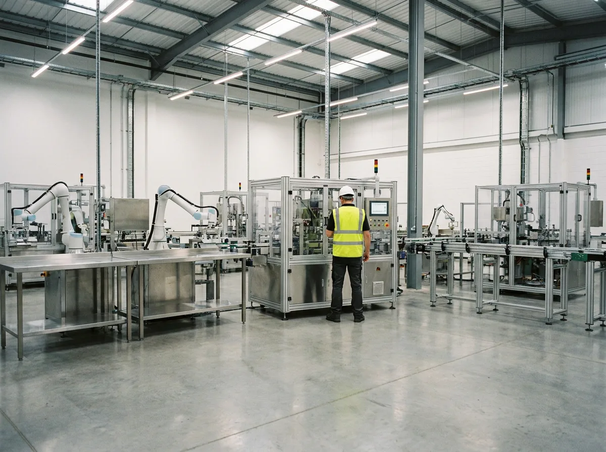 Factory worker in safety gear inspecting industrial machinery on modern production floor