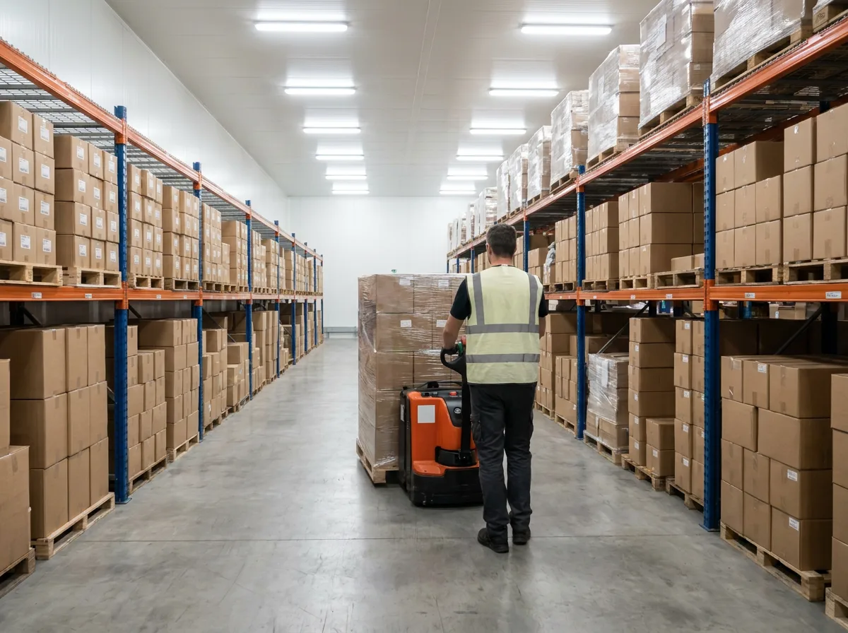Warehouse worker operating pallet jack through storage area with stacked boxes and shelving units