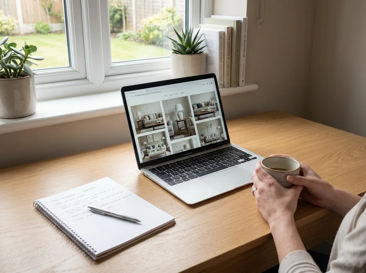 Home office desk with laptop displaying furniture photos, notepad, pen, and natural window light