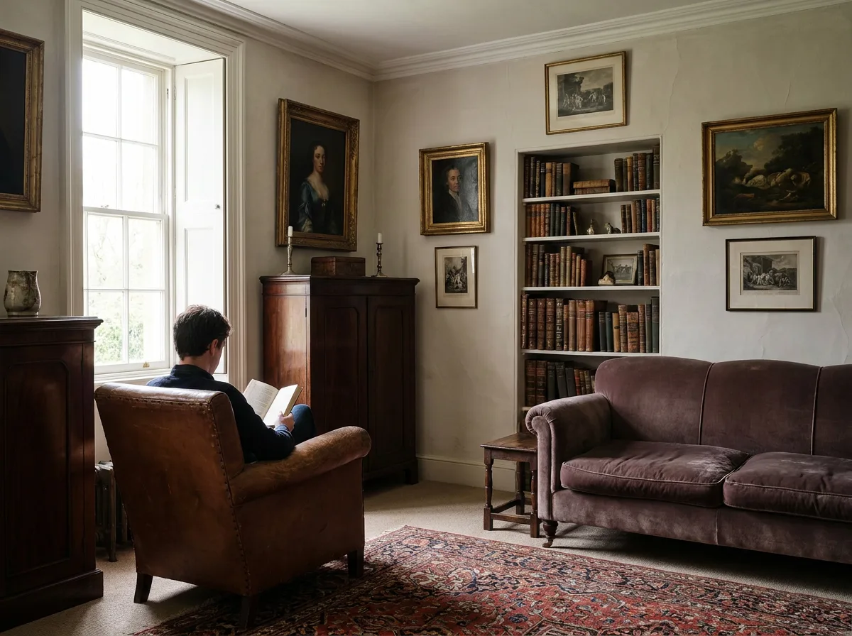 Furnished living room with antique furniture, framed artwork, and bookshelf in natural daylight