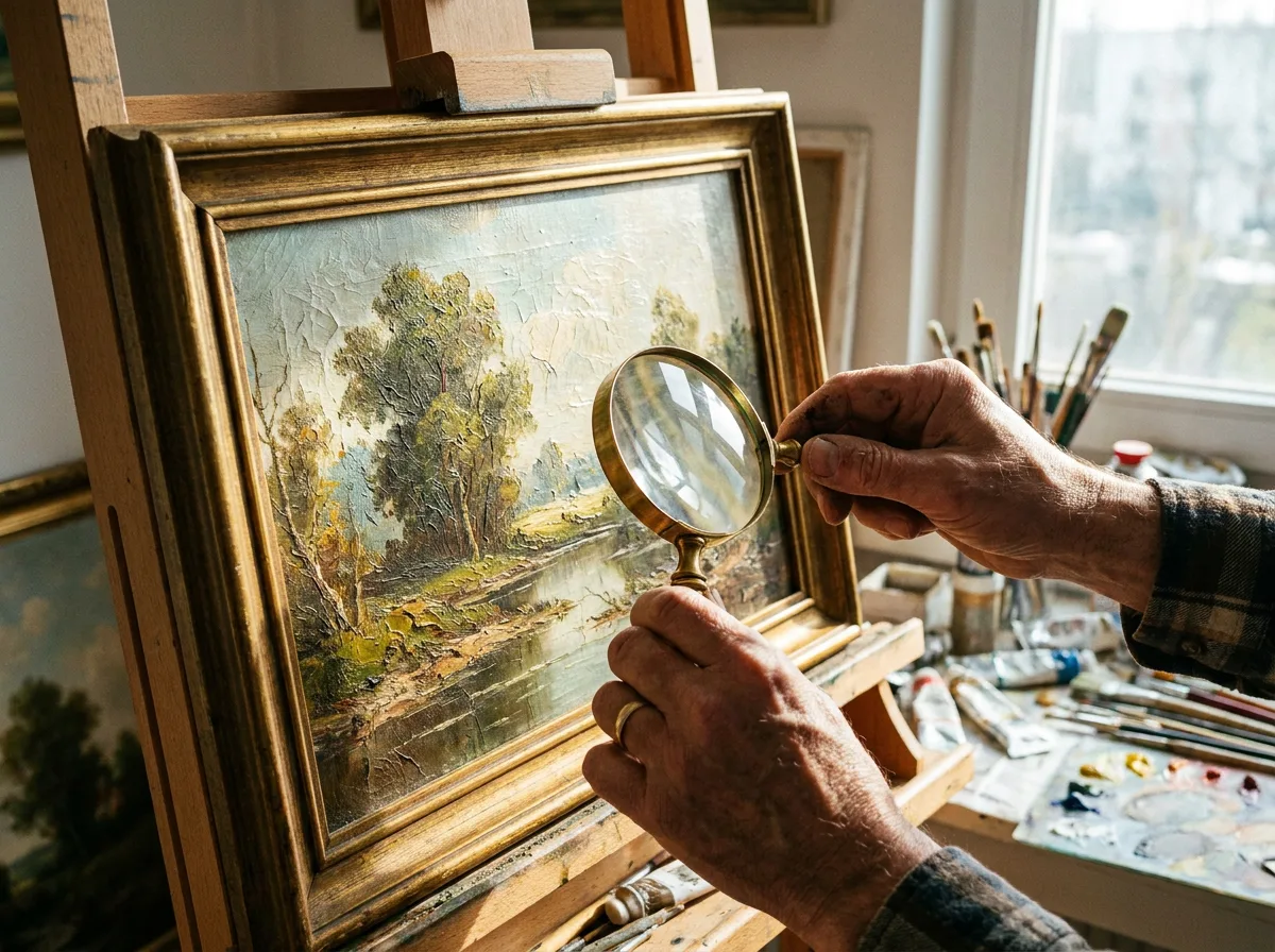 Hands holding magnifying glass examining oil painting brushstrokes on easel in studio