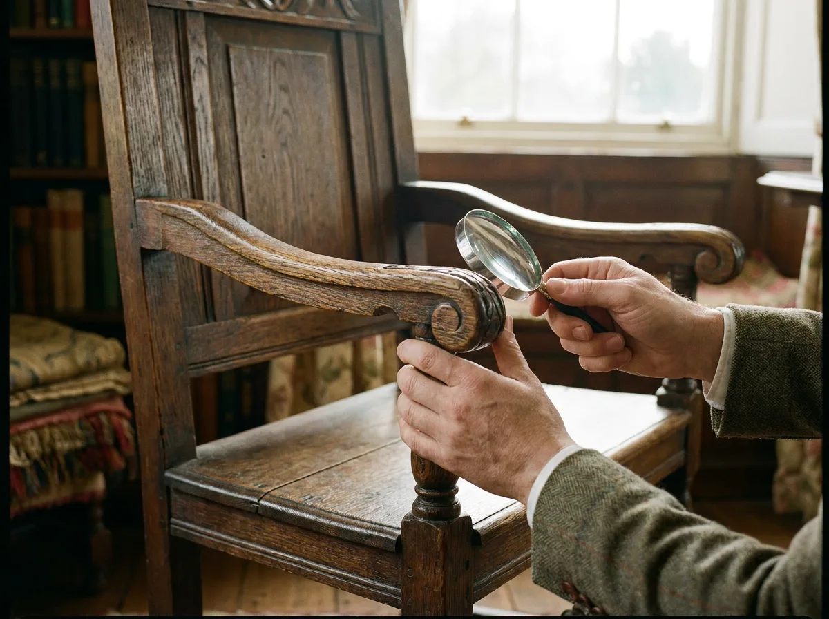 Hand examining wooden antique chair detail in soft lighting