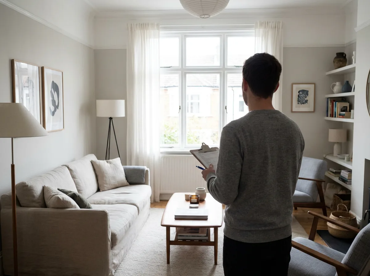 Person with clipboard documenting items in a sunlit living room with furniture and decorative shelves