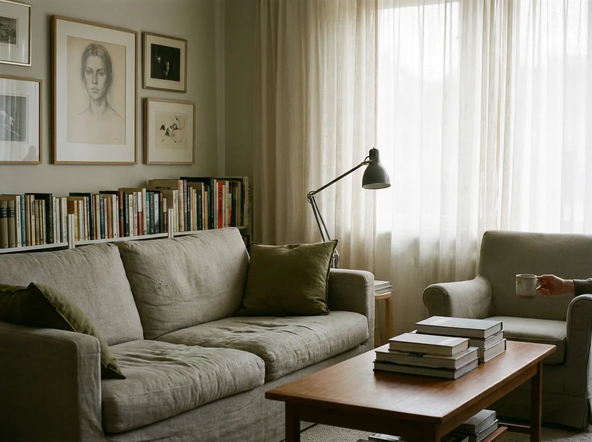 Living room with furniture, artwork, and personal belongings lit by natural daylight