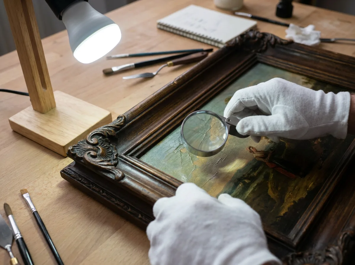 Art appraiser examining framed oil painting with magnifying loupe while wearing gloves