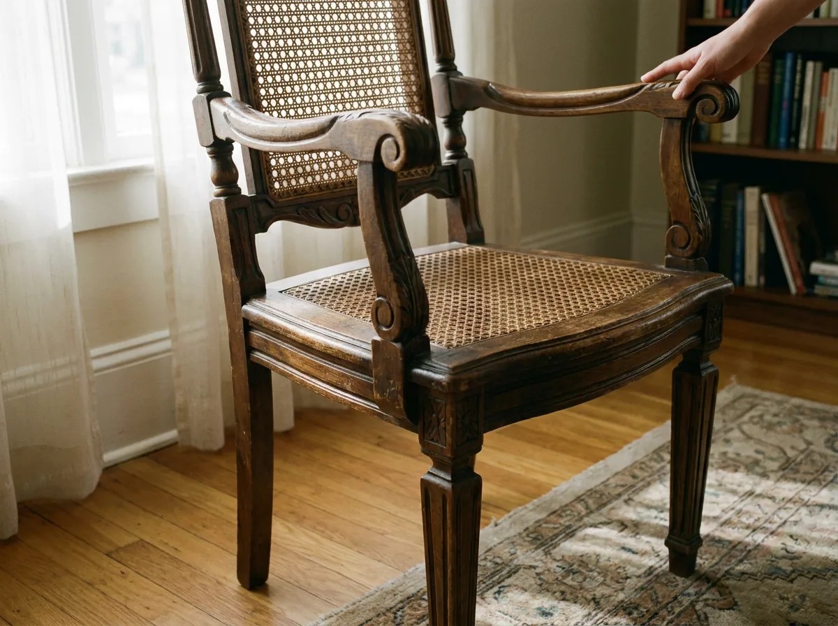 Wooden antique chair with visible grain and craftsmanship details in natural daylight