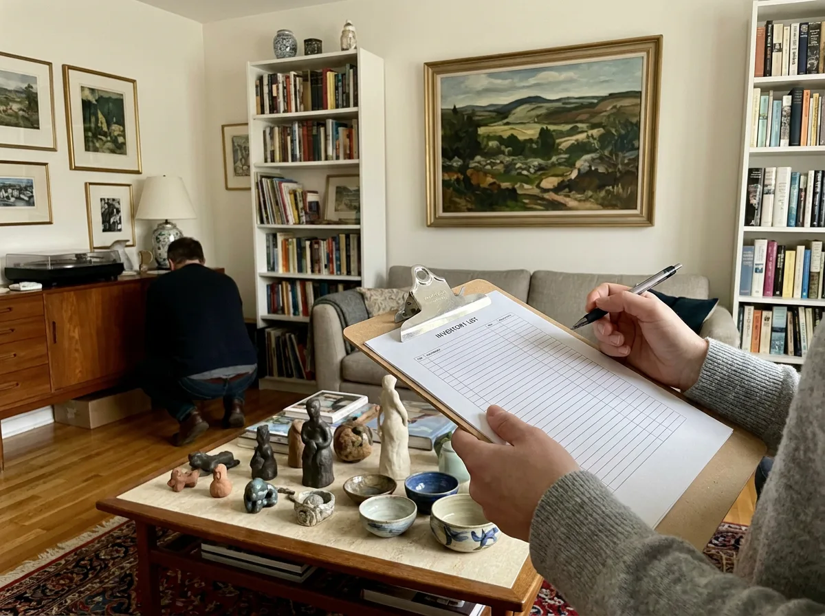Hands holding clipboard documenting household furniture and artwork in organized living room