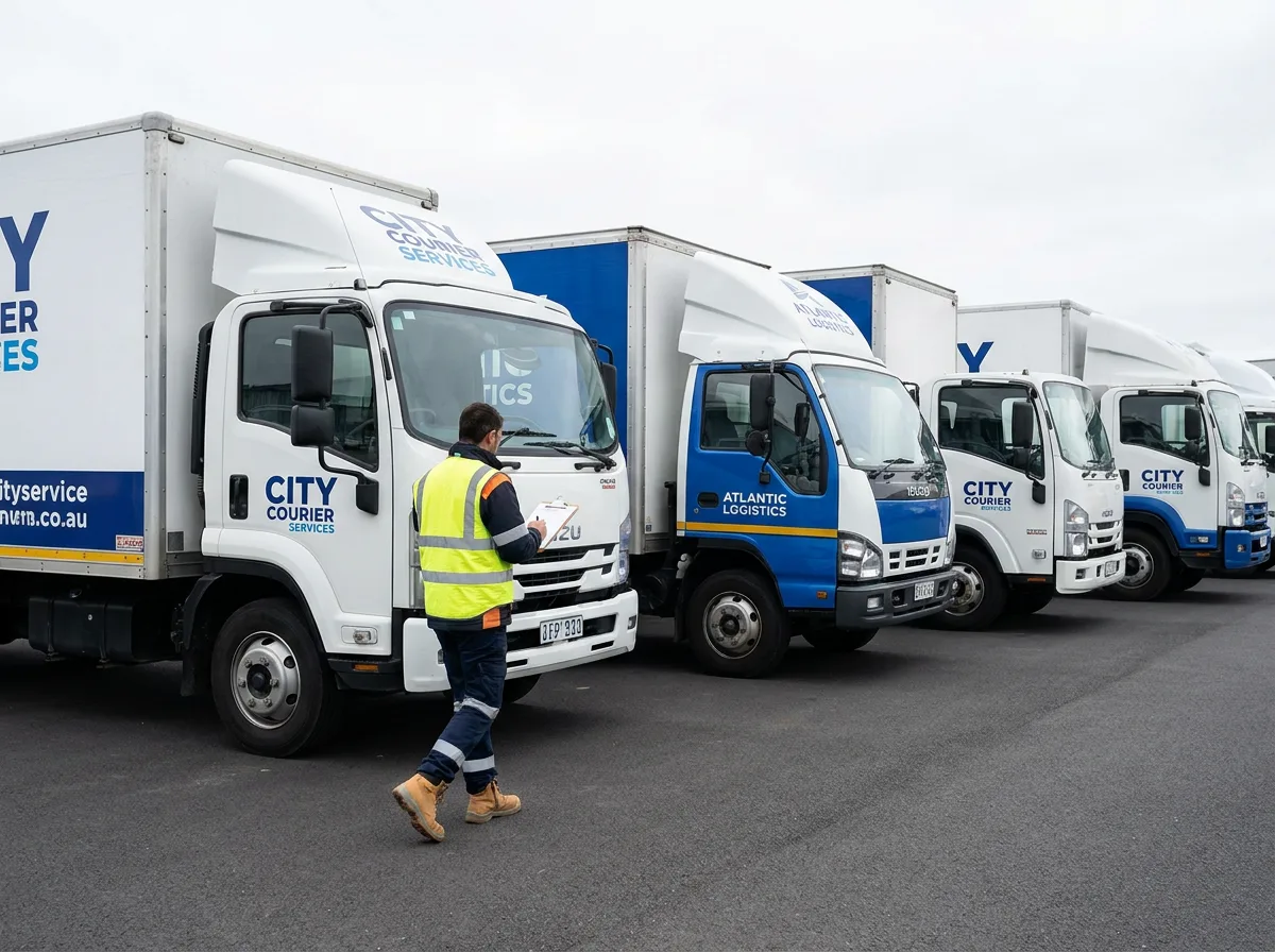 Inspector with clipboard walking past row of parked commercial delivery trucks in daylight