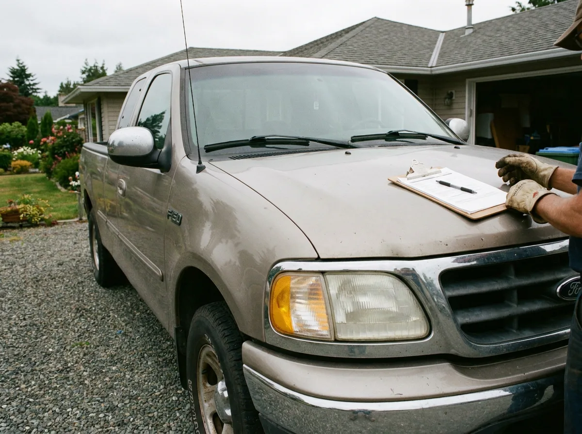 Pickup truck parked in driveway with clipboard on hood