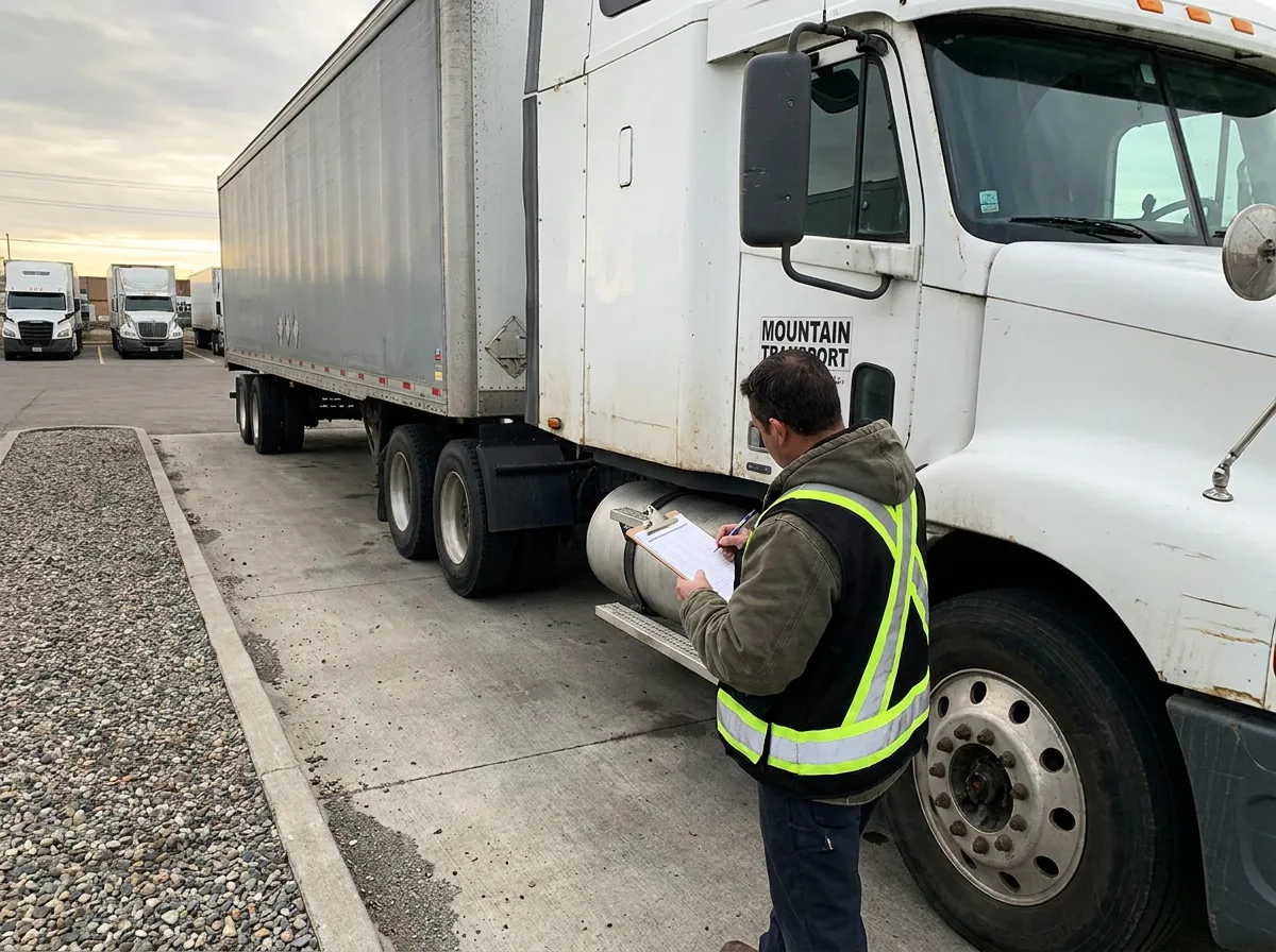 Inspector with clipboard examining parked semi-truck exterior in daylight