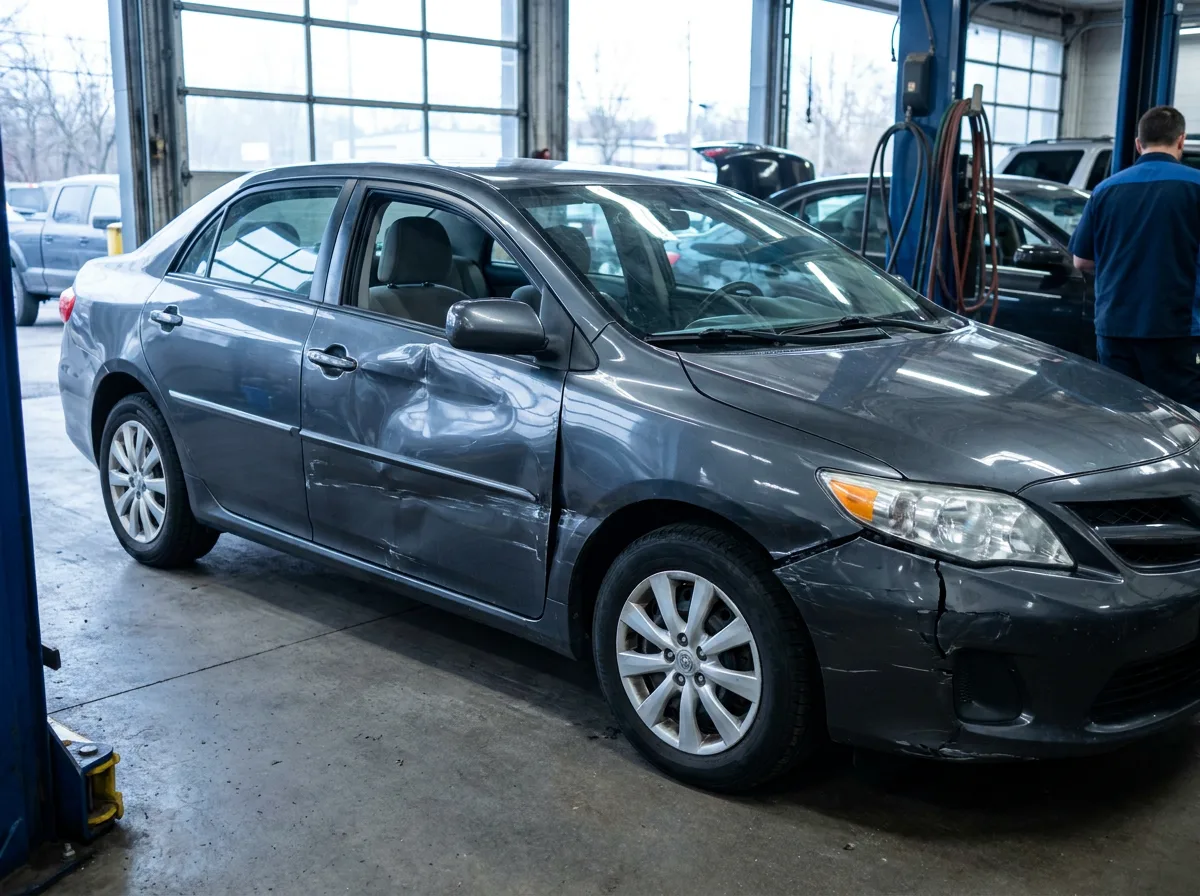 Damaged sedan with dented side panels and cracked bumper in auto repair shop