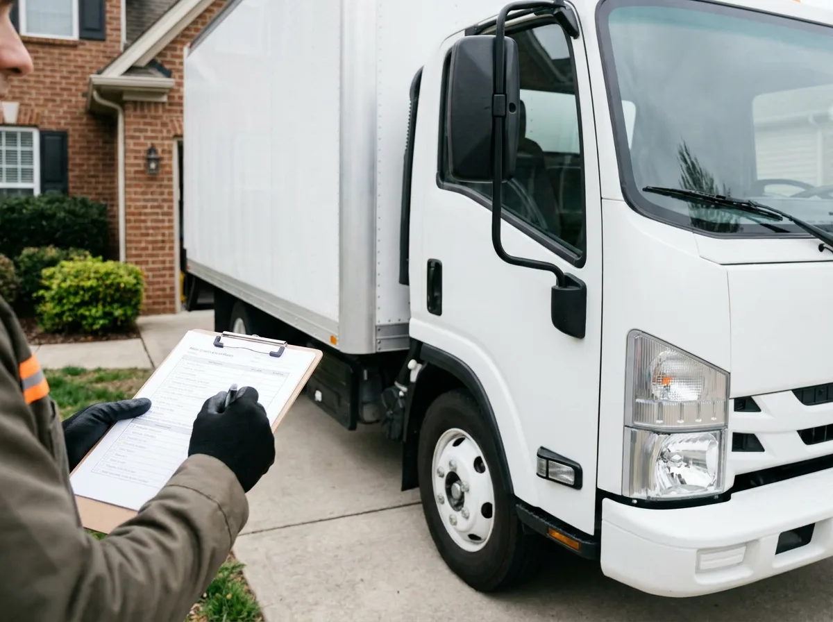 Person holding clipboard inspecting commercial truck in driveway
